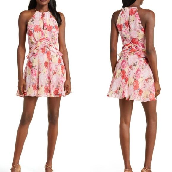 Flowers Dresses & Skirts - Floret Studios Floral Ruffle Waist A-line Dress in Pink Floral Size Large